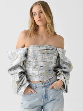 Anna Quan Melissa Off-Shoulder Floral Crop Top in Light Blue and Cream